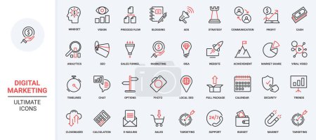 Illustration for Business management, digital marketing, social media strategy red black thin line icons set vector illustration. Business technology esearch market, target information advertising campaign product - Royalty Free Image