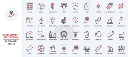 Environment protection and eco startup technology, recycle plant, research with microscope, global warming and urbanization. Red black thin line energy and ecology trendy icons set vector illustration