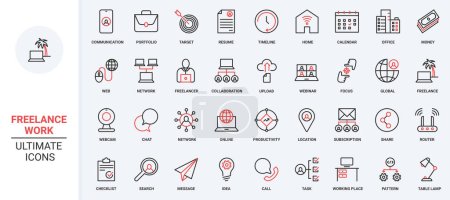Freelance, work in home office red black thin line icons set vector illustration. Online communication and collaboration of freelancers with remote locations, productivity and portfolio of resume.