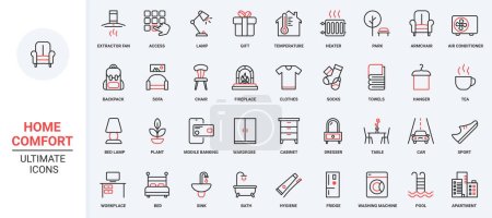Illustration for Furniture and equipment, home elements red black thin line icons set vector illustration. House interior design, apartment furnishing symbols for living room, bedroom, kitchen and bathroom. - Royalty Free Image
