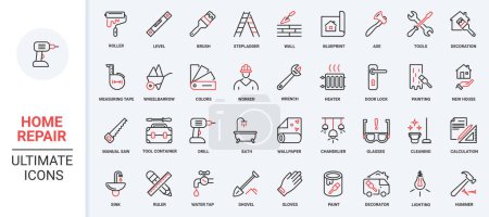 Home repair and decoration red black thin line icons set vector illustration. House renovation pictogram collection with wall paint roller, brush and hammer, level and drill tools for builders work.
