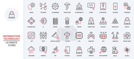 Internet network system computer database symbols, big data analysis protection, exchange download, support center. Information technology trendy red black thin line icons set vector illustration.