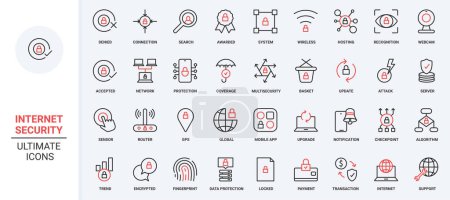 Cybersecurity system, hosting on server, accepted secure wireless connection global GPS, data update protection with shield. Online security trendy red black thin line icons set vector illustration.