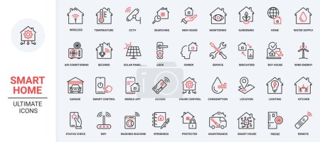 Illustration for Vector illustration red black thin line icons set smart home devices, virtual reality technology, autonomous lighting automated software to control temperature house, air conditioner drone - Royalty Free Image