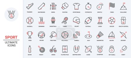 Illustration for Vector illustration red black thin line icons set for sport training workout, medical mobile app to control health healthy exercises in gym, award football, tennis basketball competition - Royalty Free Image