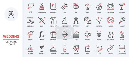 Rings jewelry gift love marriage, cake cocktails and champagne for banquet, envelope with invitation, music and fireworks symbols. Wedding trendy red black thin line icons set vector illustration.