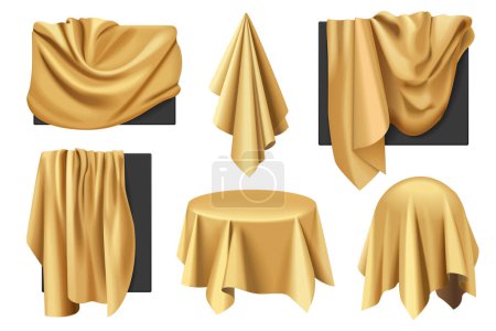 Illustration for Gold covers of objects with drapery set vector illustration. 3D realistic isolated hidden presentation with golden silk or satin cloth on black sheet of rectangular, square, sphere and round table - Royalty Free Image