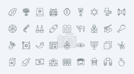 Judaïsme mince ligne noire icônes ensemble illustration vectorielle. Décrivez les symboles de la religion israélienne avec Hanoukka et la synagogue juive, l'étoile de David et le rouleau de la Torah, le pain, le hamsa et le dreidel rabbin et hamsa
