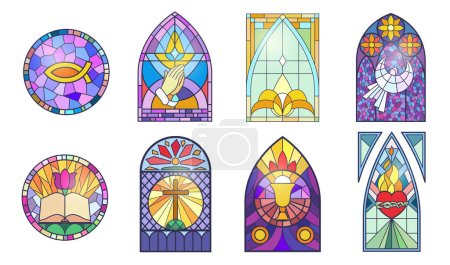 Illustration for Mosaic windows of church set vector illustration. Cartoon isolated medieval gothic arch frames with Christian religious abstract patterns, colorful stained glass windows collection of old chapel - Royalty Free Image