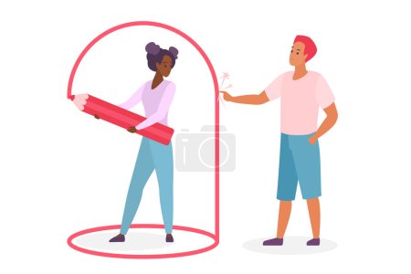 Illustration for Person setting personal boundaries vector illustration. Cartoon isolated woman drawing boundary line with pencil to avoid proximity and social communication with man, healthy comfort zone of privacy - Royalty Free Image