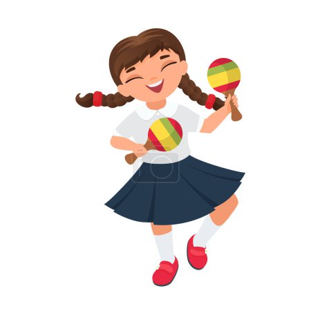 Téléchargez les illustrations : Petite fille avec des maracas mexicains. Illustration de dessin animé vectoriel de musique mexicaine traditionnelle - en licence libre de droit