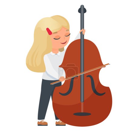 Illustration for Little girl playing contrabass. Musical children performance, little artist vector cartoon illustration - Royalty Free Image