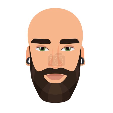 Illustration for Bald bearded man. Hipster male head, guy wearing earring vector isolated illustration - Royalty Free Image