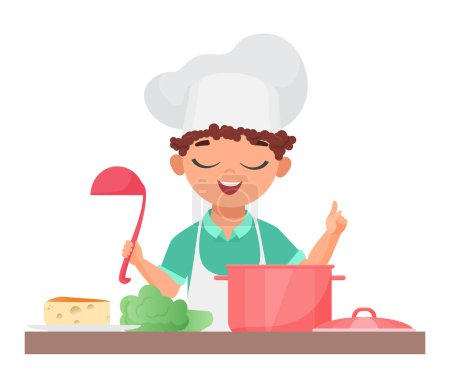 Illustration for Little chef child cooking. Little boy in kitchen preparing soup vector illustration - Royalty Free Image