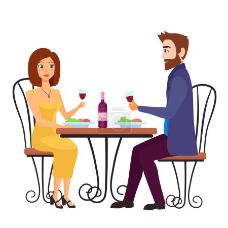 Una cita romántica en un restaurante. Preciosa pareja citas, amor celebrando ilustración vector
