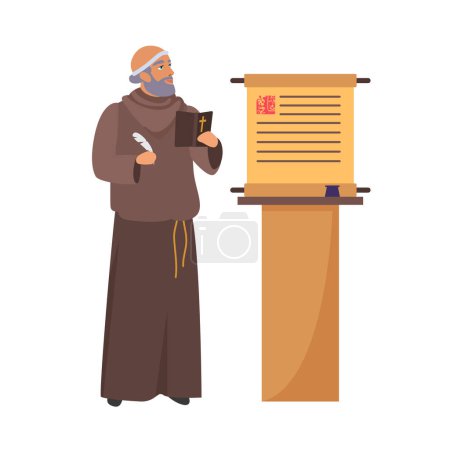 Illustration for Medieval christian religious priest. Medieval monk, medieval church worker cartoon vector illustration - Royalty Free Image