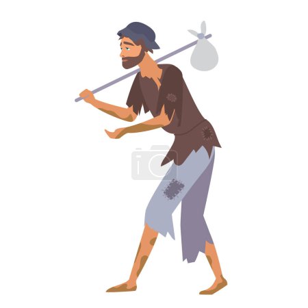 Illustration for Medieval homeless man. Middle ages beggar man, people in middle ages period cartoon vector illustration - Royalty Free Image