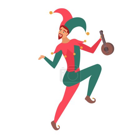 Illustration for Medieval jester dancing. Amusement person in middle ages cartoon vector illustration - Royalty Free Image