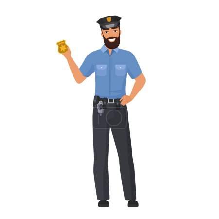 Illustration for Policeman showing police badge. Police officer shows identification badge cartoon vector illustration - Royalty Free Image
