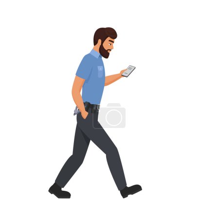 Illustration for Walking policeman with mobile phone. Police officer using smartphone cartoon vector illustration - Royalty Free Image