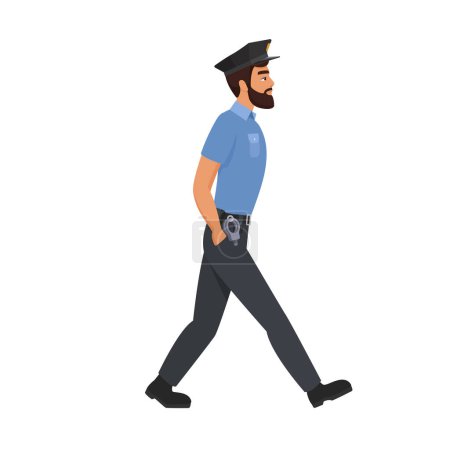 Illustration for Side view of walking policeman. Police officer in working uniform cartoon vector illustration - Royalty Free Image