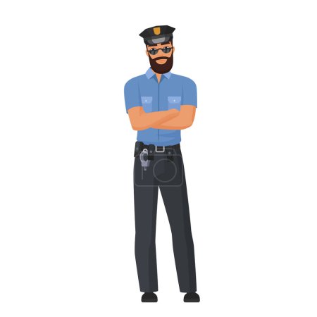 Illustration for Serious policeman with crossed arms. Standing policeman in working uniform cartoon vector illustration - Royalty Free Image