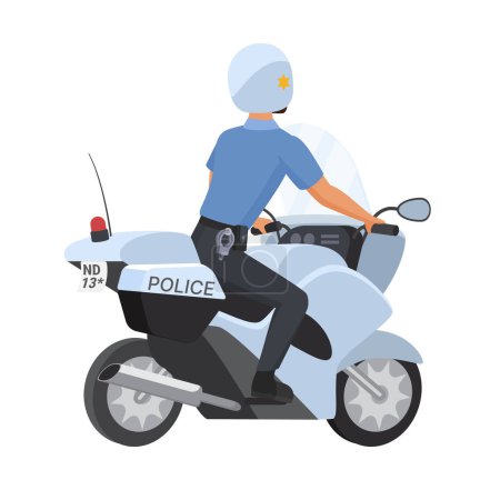 Illustration for Back view of policeman riding motorcycle. Patrol police officer on motorbike cartoon vector illustration - Royalty Free Image