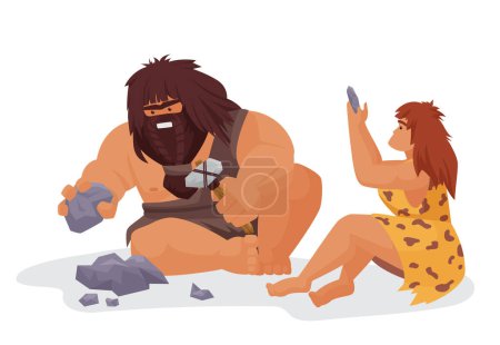 Illustration for Stone age couple with rocks. Primitive people, ancient family cartoon vector illustration - Royalty Free Image