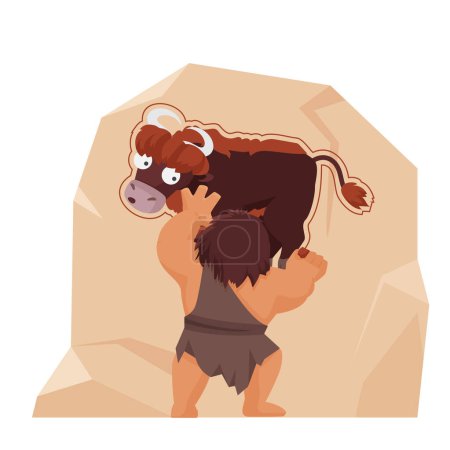 Illustration for Caveman drawing cow on rock. Prehistoric people, stone age lifestyle cartoon vector illustration - Royalty Free Image