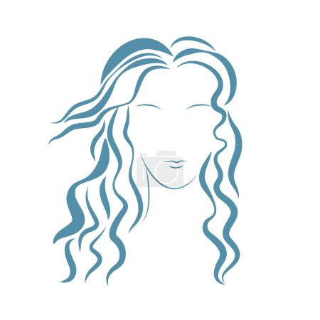 Téléchargez les illustrations : Femme visage avec des cheveux ondulés logo silhouette. Illustration vectorielle de coiffure glamour moderne - en licence libre de droit