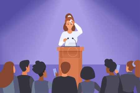Illustration for Problem of speakers fear and anxiety of public speech and events vector illustration. Cartoon young nervous shy woman lecturer standing behind podium with microphones to speak in front of audience - Royalty Free Image
