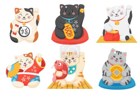 Ilustración de Maneki neko, Japonés afortunado gatos set vector ilustración. Dibujos animados aislado lindo gatito personajes gordos en collares con bolsa de dinero y moneda de oro, pescado y campana, buena suerte y fortuna símbolos asiáticos - Imagen libre de derechos