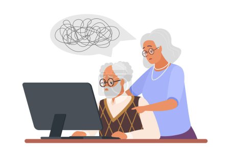 Illustration for Old couples computer problems vector illustration. Cartoon isolated confused senior man and woman sitting at desk in front of monitor with worry, anxiety and tangled thread above grandparents heads - Royalty Free Image