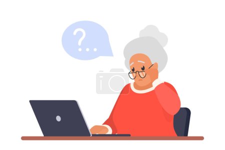 Ilustración de Mujer vieja triste sentado con ilustración vector portátil. Personaje anciano aislado de dibujos animados con gafas y signo de interrogación sobre la cabeza dentro de la burbuja, abuela confundida en duda cómo usar la computadora - Imagen libre de derechos