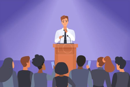 Illustration for Problem of speakers fear and anxiety of public speech and events vector illustration. Cartoon young nervous shy man lecturer standing behind podium with microphones to speak in front of audience - Royalty Free Image