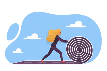 Illustration for Businesswoman career growth and planning vector illustration. Cartoon woman walking forward, entrepreneur unrolling hard road roll to create own path, make future success, begin new business challenge - Royalty Free Image