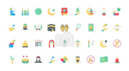 Illustration for Islam flat icons set vector illustration. Muslim religion and worship symbols, Saudi man and woman in hijab, mosque and Quran, religious calendar of holidays for prayers and charity. - Royalty Free Image