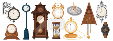 Relojes vintage conjunto ilustración vectorial. Colección de dispositivos clásicos antiguos aislados de dibujos animados con viejo reloj de bolsillo de oro y reloj de cuco, reloj de arena y reloj de sol, cronómetro retro para medir el tiempo