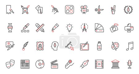 Collection of abstract artwork pictogram with music, theater, cinema movie media projects, portfolio symbols vector illustration. Trendy red black thin line icons set for art design creative process