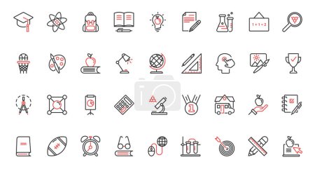 Illustration for Red black thin line icons set for school, college and university education. Laboratory equipment for training chemistry and physics, library books for students. Vector illustration. - Royalty Free Image