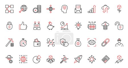 Illustration for Red black thin line icons set for blockchain, bitcoin, crypto money in digital wallet, data mining in network, cryptocurrency exchange, transaction payment pictogram cryptography vector illustration - Royalty Free Image