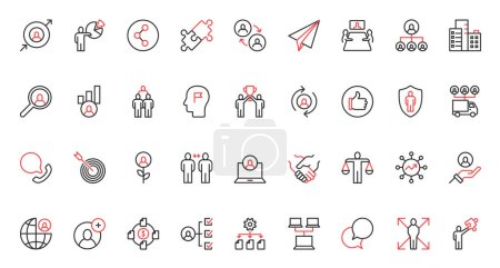 Red black thin line icons set for business cooperation, human resource development, problem solving, company risk insurance, team building and management, leadership assistance vector illustration.