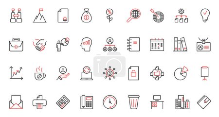 Illustration for Red black thin line icons set for business vision, success company mission, office innovation in statistics system and target marketing, time management and finance projects vector illustration. - Royalty Free Image