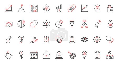 Red black thin line icons set for business strategy, activity process, organization of corporate company growth, control goal solution and idea, assessment of trends sales funnel vector illustration.