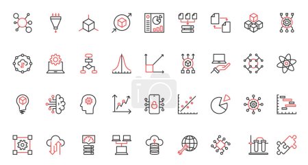 Illustration for Data report and science model research, deep analysis with AI trendy red black thin line icons set vector illustration. Machine learning, probability calculation, algorithms and system prediction. - Royalty Free Image