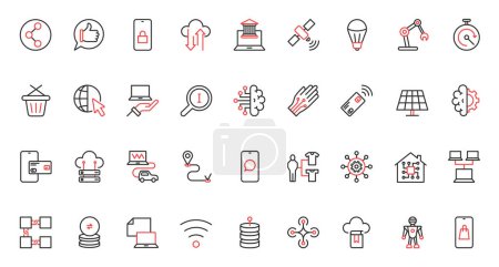 Digital technology, network communication and equipment trendy red black thin line icons set vector illustration. Smart home security, payment and shopping, drone and robot automation, data transfer