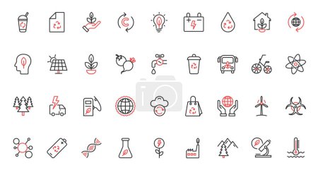 Illustration for Ecology, green recycle technology, environment trendy red black thin line icons set vector illustration. Eco house, tourism, electric car and bio fuel, climate change, eco consumption, care of nature - Royalty Free Image