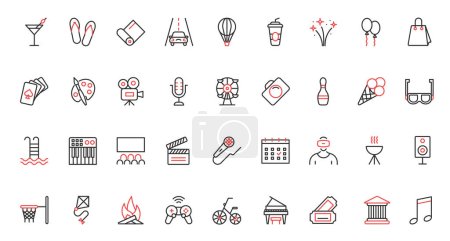 Illustration for Green energy ecology trendy red black thin line icons set vector illustration. Environment protection, eco startup technology, recycle plant, research with microscope, global warming and urbanization - Royalty Free Image