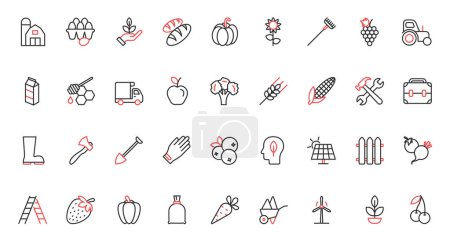 Illustration for Farm agriculture red black thin line icons set vector illustration. Farmers tractor truck, eco village windmill and solar panel, farmhouse agrarian equipment, machines for agronomy, organic harvest. - Royalty Free Image
