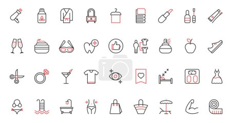 Illustration for Fashion and beauty, cosmetics red black thin line icons set vector illustration. Nail polish, spa salon, barbershop for health, hair and skin care, trying on clothes and teeth whitening, healthy food. - Royalty Free Image
